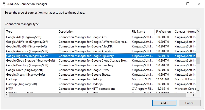 Add SSIS Google BigQuery Connection Manager